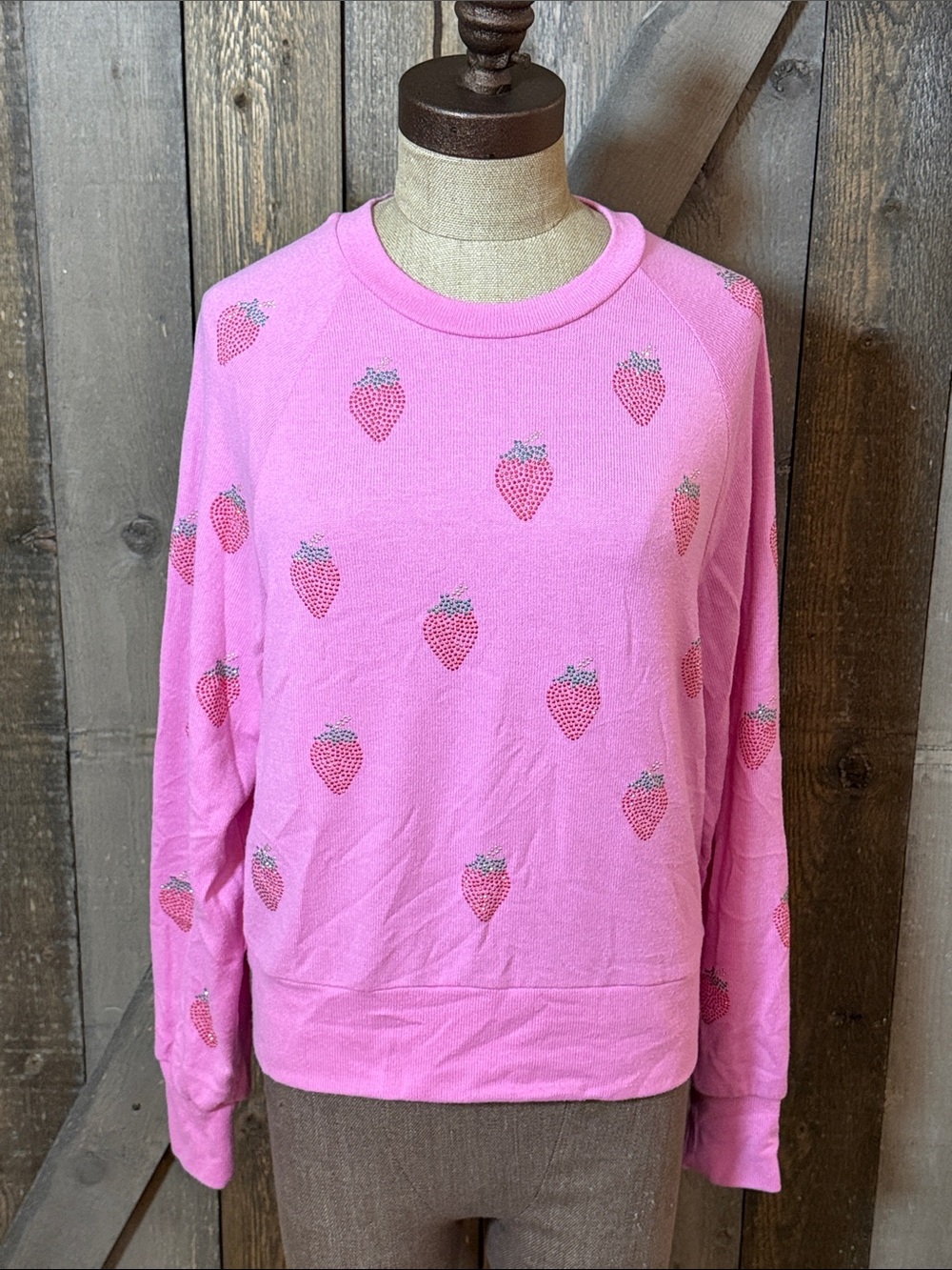 Wildfox Pink Rhinestone Strawberry Crewneck Sweatshirt Sweater Size Medium Y2K